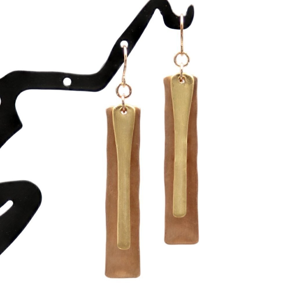 Modern Copper & Gold Bar Earrings | Drop Earrings - Picture 3 of 4